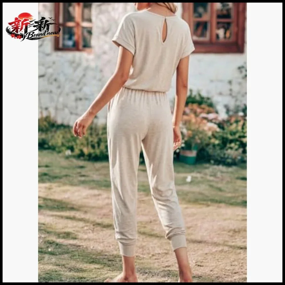 Polyester Jumpsuit with Drawstring, Side Pockets, Keyhole Back